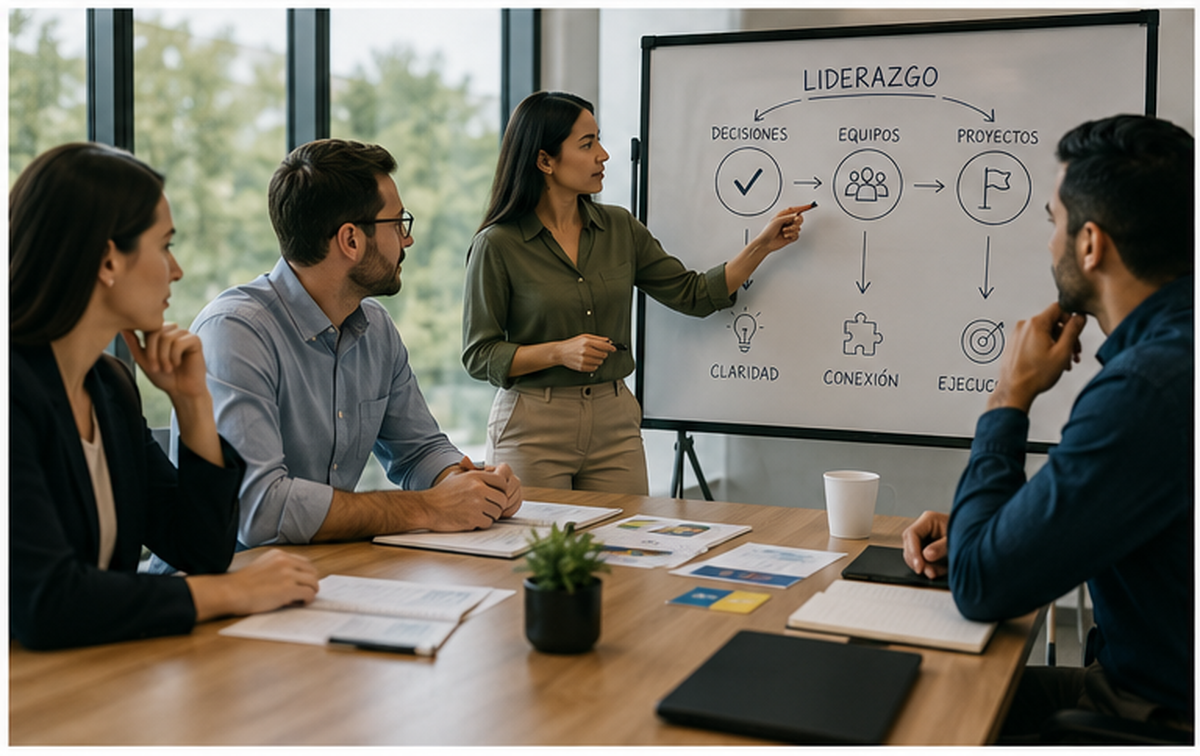Equipo trabajando en decisiones, liderazgo y proyectos
