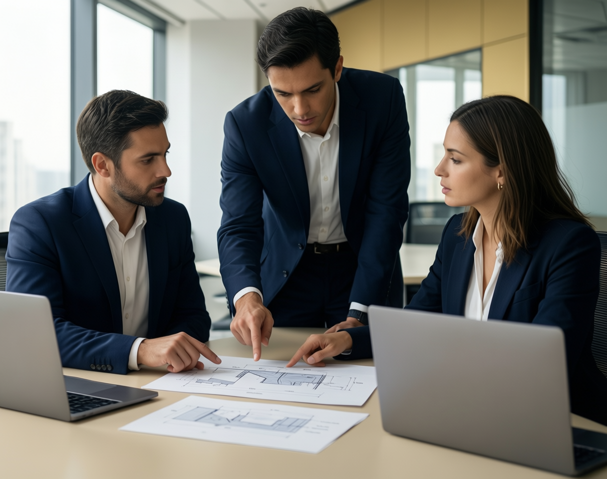 Equipo colaborando alrededor de una mesa de trabajo